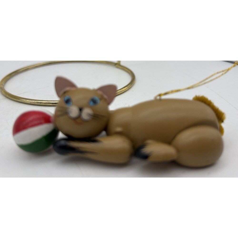 Vintage Wooden Cat Christmas Ornament Playing Ball Fuzzy Tail Retro Kitty